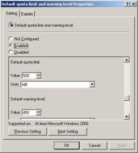 Figure 1: The Default Quota Limit and Warning Level Properties Dialog