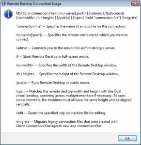 Figure 1:  Remote Desktop Connection Usage Help Screen